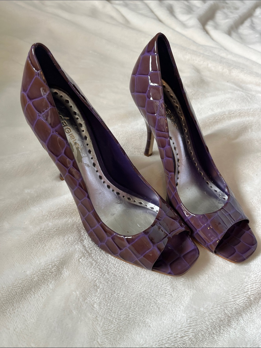 BCBGirls Patent Purple Croc-Embossed Peep-Toe Heels